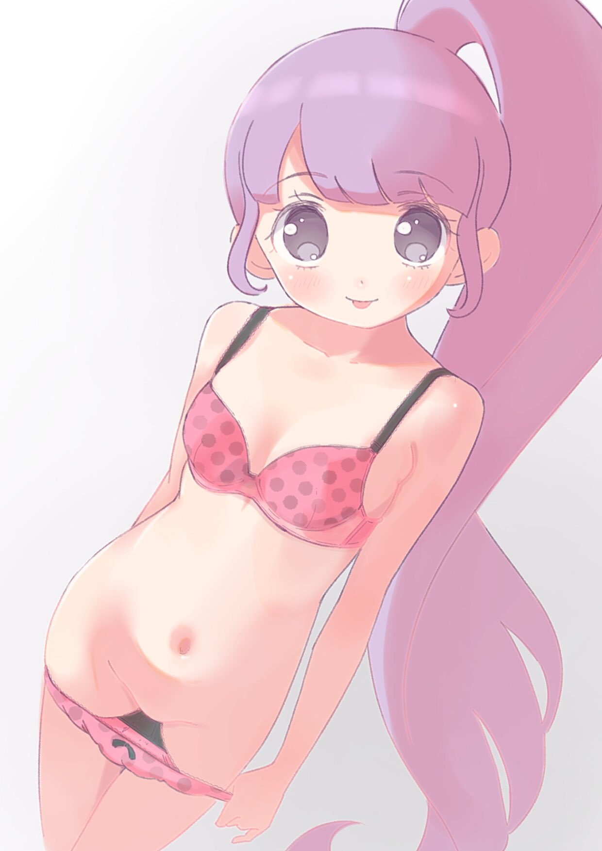 1girl :p blunt_bangs bra breasts closed_mouth commentary cowboy_shot dot_nose gradient_background grey_background grey_eyes groin high_ponytail highres hyakumangoku_masurao long_hair looking_at_viewer manaka_non navel panties panty_pull pink_bra pink_panties polka_dot polka_dot_bra polka_dot_panties pretty_series pripara pulled_by_self purple_hair small_breasts smile solo standing stomach tongue tongue_out underwear underwear_only very_long_hair