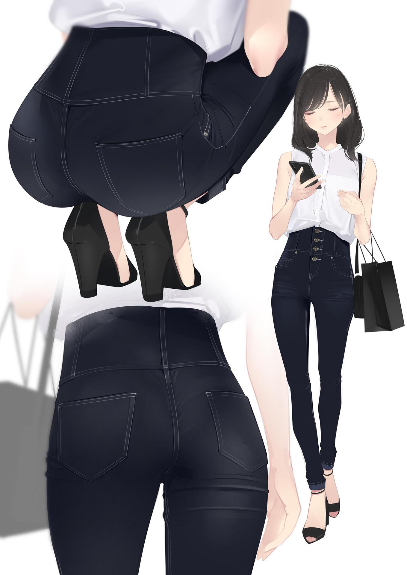 1girl ama_mitsuki ass bag bare_arms bare_shoulders black_footwear black_hair black_pants cellphone closed_eyes closed_mouth denim full_body high-waist_pants high_heels highres holding holding_phone jeans long_hair multiple_views non-web_source original pants phone shirt shopping_bag simple_background sleeveless sleeveless_shirt smartphone squatting swept_bangs white_background white_shirt