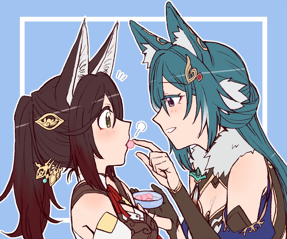 2girls :d animal_ear_fluff animal_ears bare_shoulders black_gloves black_shirt blue_background blue_hair blush breasts brown_hair candy cleavage elbow_gloves feeding food fox_ears fur-trimmed_shirt fur_trim gloves gradient_hair green_eyes grin half_updo holding holding_candy holding_food holding_plate honkai:_star_rail honkai_(series) inset_border large_breasts long_hair multicolored_hair multiple_girls notice_lines open_mouth outline partially_fingerless_gloves plate ponytail portrait profile purple_eyes red_hair shirt sidelocks single_hair_ring sleeveless sleeveless_shirt smile teeth tingyun_(honkai:_star_rail) torinone white_outline wide-eyed yukong_(honkai:_star_rail) yuri