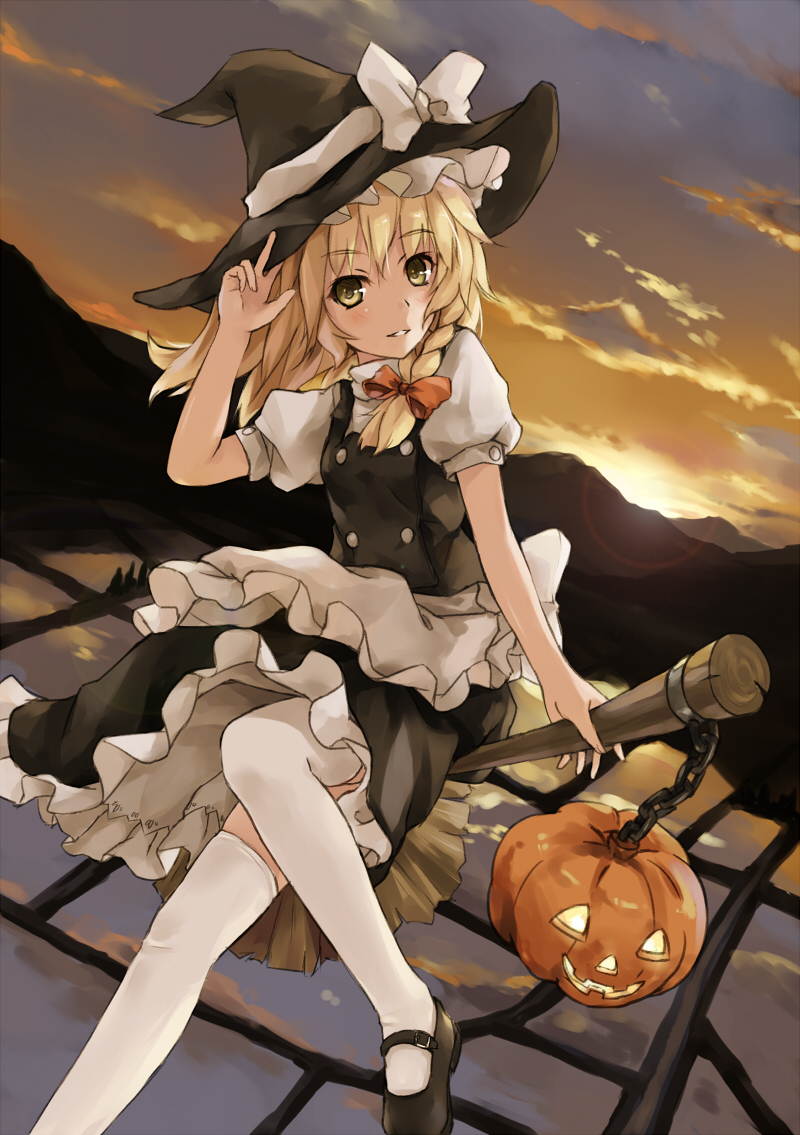apron blonde_hair braid broom broom_riding buttons chain cloud dress hair_ribbon halloween hand_on_headwear hat jack-o'-lantern kirisame_marisa light_smile looking_at_viewer mary_janes pumpkin ribbon rice_paddy shoes sidesaddle sky solo sunlight sunset thighhighs touhou white_legwear witch_hat xiao_qiang_(overseas) yellow_eyes zettai_ryouiki