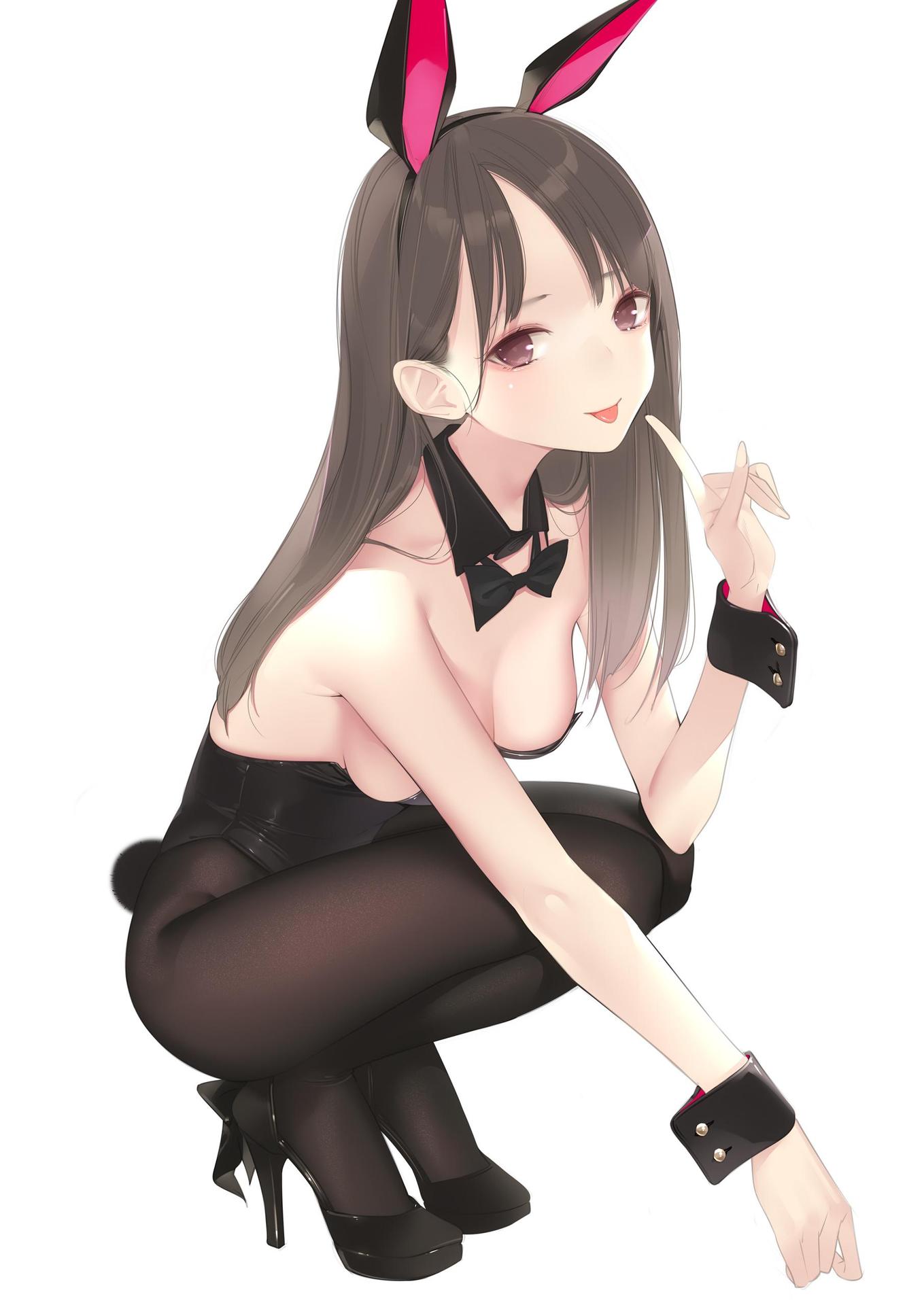 1girl :p ama_mitsuki animal_ears bare_shoulders black_bow black_bowtie black_footwear black_leotard black_pantyhose bow bowtie breasts brown_eyes brown_hair cleavage detached_collar fake_animal_ears full_body high_heels highres leotard long_hair looking_at_viewer medium_breasts non-web_source original pantyhose playboy_bunny rabbit_ears rabbit_tail simple_background solo squatting strapless strapless_leotard tail tongue tongue_out white_background wrist_cuffs