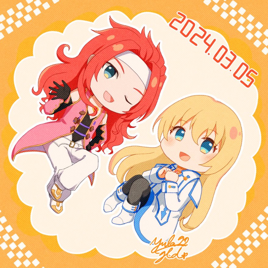 1boy 1girl artist_name belt black_gloves blonde_hair blue_eyes blue_trim boots colette_brunel commentary_request dated deformed gloves headband knees_together_feet_apart long_hair one_eye_closed own_hands_together pants red_hair shoes tales_of_(series) tales_of_symphonia two-tone_background white_background white_footwear white_headband white_pants yellow_background yula22_gld zelos_wilder