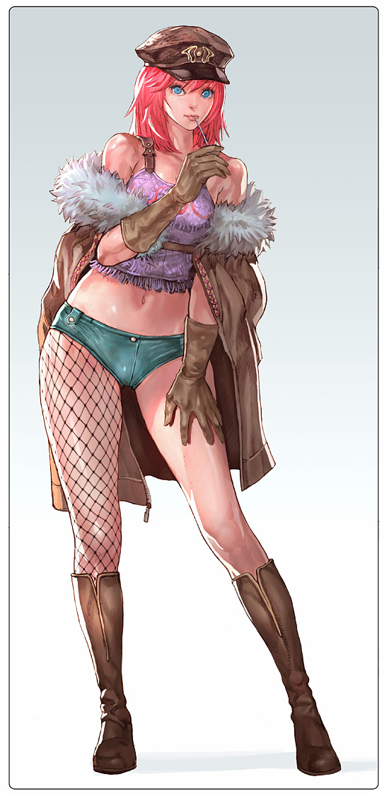 bad_id bad_pixiv_id bare_shoulders blue_eyes boots coat contrapposto drinking_straw fishnet_pantyhose fishnets gloves hand_on_thigh hat kilart knee_boots lips long_hair midriff mismatched_legwear navel off_shoulder original pantyhose peaked_cap pink_hair short_shorts shorts solo standing