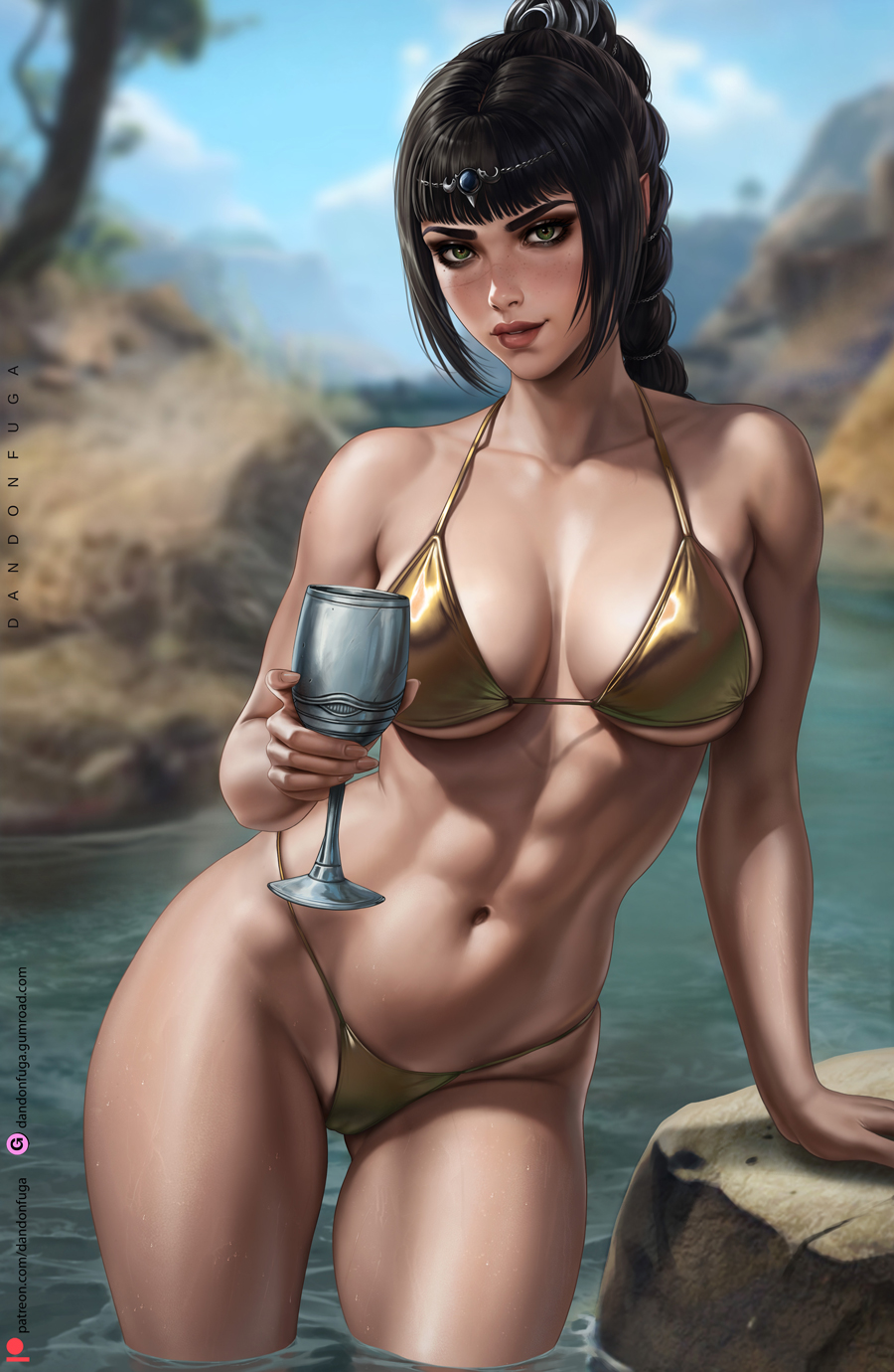 1girl artist_name ass_visible_through_thighs baldur's_gate baldur's_gate_3 bikini black_eyeshadow black_hair blurry blurry_background braid breasts cameltoe chalice circlet collarbone cup dandon_fuga dungeons_&amp;_dragons elf eyeshadow freckles green_eyes groin gumroad_username highres holding holding_cup jewelry large_breasts lips long_braid looking_at_viewer makeup multi-tied_hair patreon_username pointy_ears river rock scar scar_on_face scar_on_nose shadowheart_(baldur's_gate) solo swimsuit thick_thighs thighs tree underwear wading water yellow_bikini