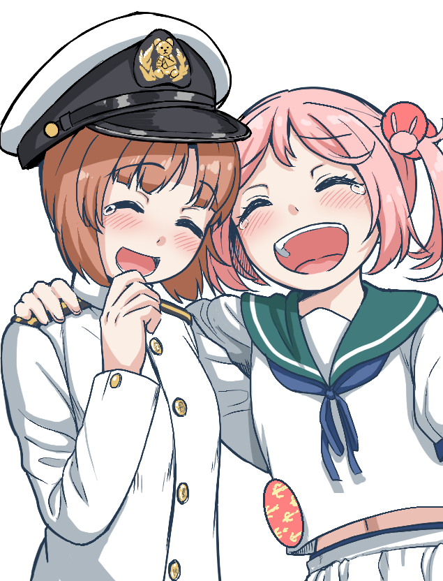 2girls admiral_(kancolle) admiral_(kancolle)_(cosplay) arm_around_back arm_around_shoulder blouse blue_neckerchief brown_hair closed_eyes commentary_request cosplay crossover girls_und_panzer green_sailor_collar hand_on_another's_shoulder hat jacket kantai_collection laughing long_sleeves midriff_peek military_hat military_uniform mimofu_(fullhighkick) multiple_girls navel neckerchief nishizumi_miho open_mouth peaked_cap pink_hair sailor_collar sazanami_(kancolle) shirt short_hair smile tearing_up twintails uniform white_headwear white_jacket white_shirt