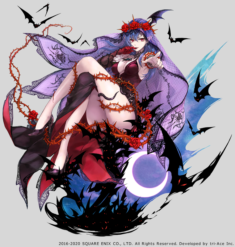 1girl bat_(animal) blue_hair breasts cleavage copyright_notice crescent_moon crossed_legs crown_of_thorns dress earrings finger_to_mouth floating flower flower_wreath full_body grey_background hagiya_kaoru halloween_costume head_wings high_heels jewelry lace-trimmed_dress lace-trimmed_veil lace_trim long_hair looking_at_viewer maria_traydor medium_breasts moon night night_sky official_art pointing pointing_at_viewer pointy_ears purple_hair purple_veil red_eyes red_flower red_rose rose single_head_wing sky solo star_ocean star_ocean_anamnesis star_ocean_till_the_end_of_time thighs thorns wings
