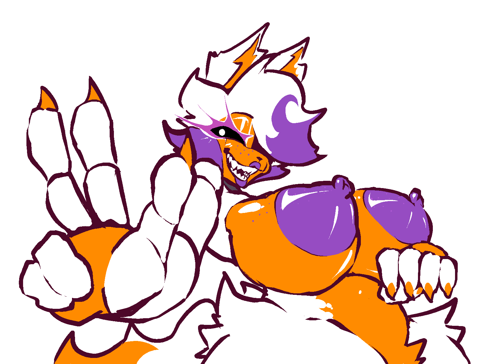 anthro big_breasts breasts canid canine female five_nights_at_freddy's five_nights_at_freddy's_world fluffy fox gesture hand_gesture hi_res lipstick lolbit_(fnaf) makeup mammal nipples nude scottgames solo stormkinght tail