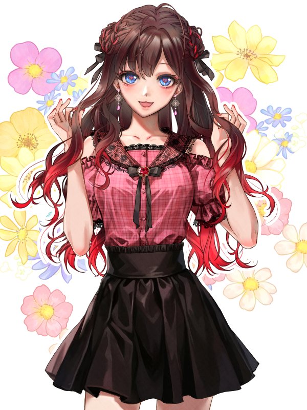 1girl black_ribbon black_skirt blue_eyes blush brooch brown_hair earrings flower gradient_hair hair_ribbon heart heart-shaped_pupils holding holding_hair ichinose_shiki idolmaster idolmaster_cinderella_girls idolmaster_cinderella_girls_starlight_stage jewelry lace-trimmed_shirt lace_trim looking_at_viewer multicolored_hair open_mouth pink_shirt red_hair red_nails ribbon shirt skirt smile solo symbol-shaped_pupils two-tone_hair ykcocoro_game