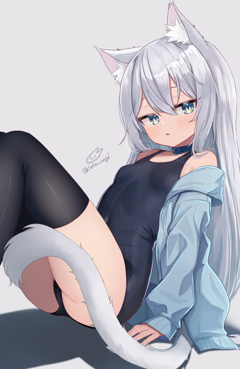 1girl animal_collar animal_ear_fluff animal_ears arm_support black_one-piece_swimsuit black_thighhighs blue_collar blue_jacket blush breasts cat_ears cat_girl cat_tail collar double-parted_bangs green_eyes grey_hair hair_between_eyes highres jacket long_hair off_shoulder one-piece_swimsuit original reclining school_swimsuit sese_nagi small_breasts solo swimsuit tail thighhighs thighs