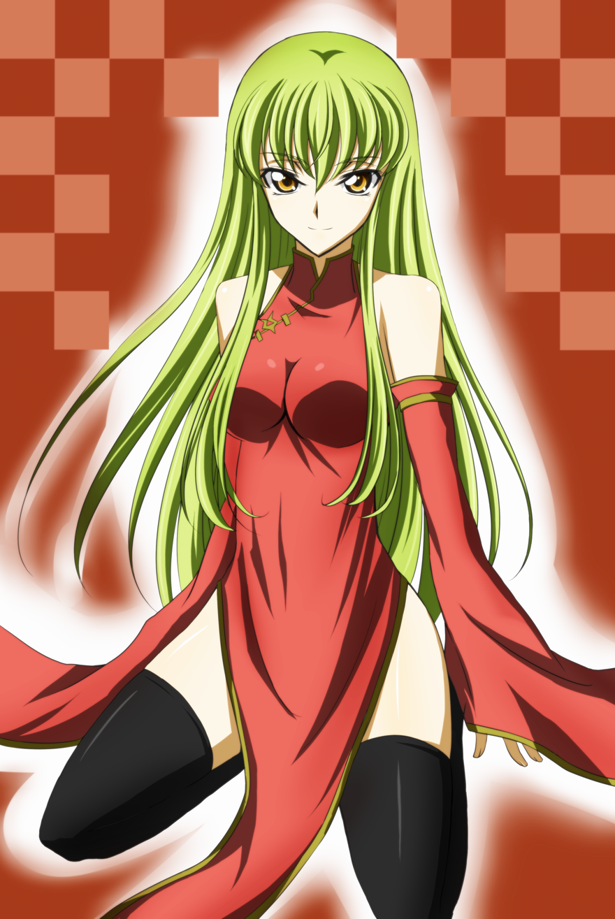 bad_id bad_pixiv_id bare_shoulders black_legwear c.c. ccllsaikou china_dress chinese_clothes code_geass detached_sleeves dress green_hair highres long_hair sitting smile solo thighhighs yellow_eyes