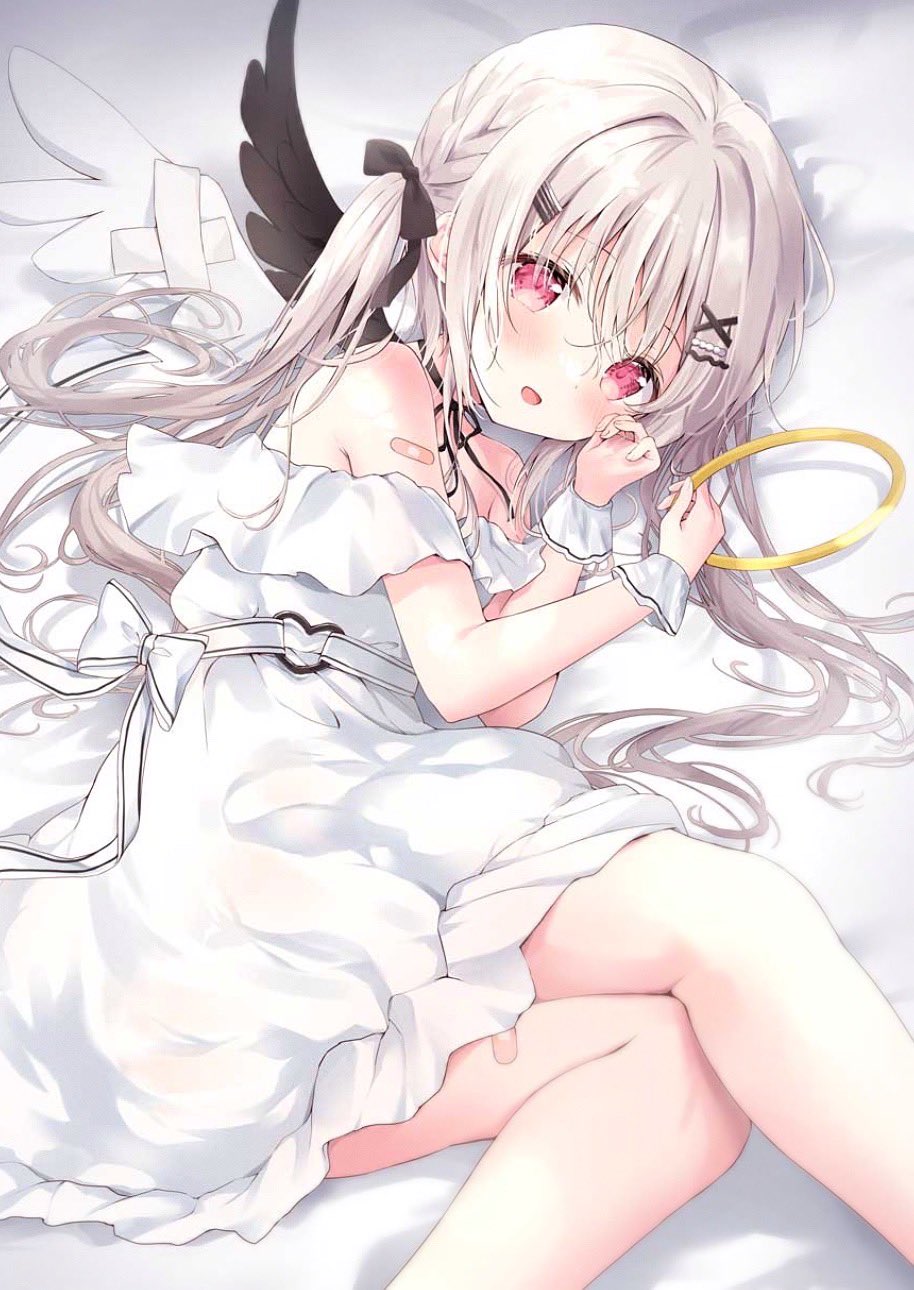 1girl :d amedamacon bandaid bandaid_on_leg bed_sheet black_choker black_wings choker commentary_request crossed_bandaids dress feathered_wings feet_out_of_frame frilled_dress frills grey_hair hair_between_eyes hair_ornament hairclip halo halo_removed hand_up highres knees_together_feet_apart long_hair low_twintails lying mismatched_wings on_side original purple_eyes smile solo twintails very_long_hair white_dress white_wings wings wrist_cuffs x_hair_ornament