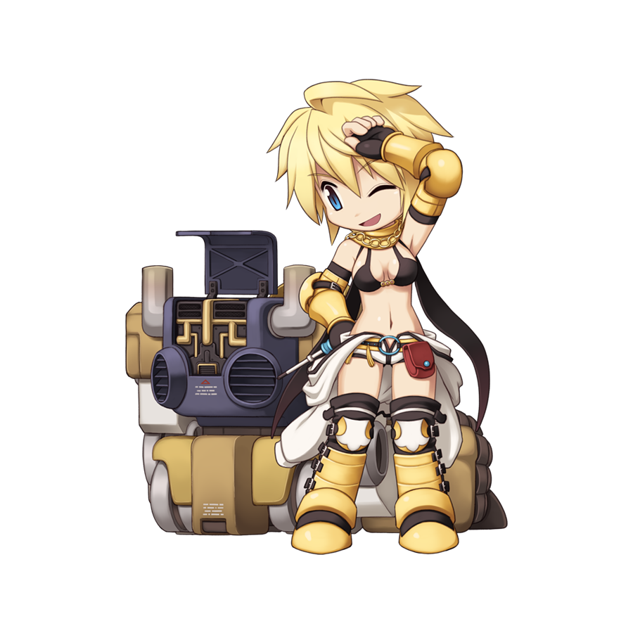 1girl armor armored_boots bikini bikini_top_only black_bikini black_gloves black_thighhighs blonde_hair blue_eyes boots breasts chain chibi elbow_gloves full_body gloves hair_between_eyes holding holding_screwdriver jewelry jumpsuit jumpsuit_around_waist long_bangs looking_to_the_side mecha mechanic_(ragnarok_online) medium_breasts navel necklace o-ring o-ring_top official_art one_eye_closed open_mouth ragnarok_online robot screwdriver short_hair simple_background smile solo standing swimsuit tachi-e thighhighs transparent_background vambraces white_jumpsuit wiping_sweat yellow_armor yuichirou