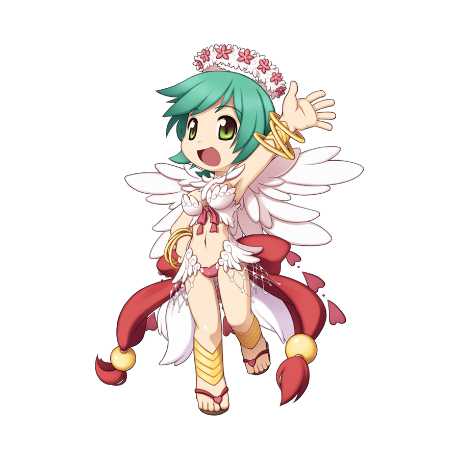 1girl :d aqua_hair arm_up armpits bangle bikini bracelet bracer breasts brown_footwear chibi cleavage feather_trim feathered_wings feet flip-flops flower full_body green_eyes head_wreath heart jewelry large_breasts legs looking_at_viewer medium_bangs nail_polish navel official_art open_mouth pink_flower ragnarok_online sandals short_hair simple_background smile solo standing standing_on_one_leg swimsuit tachi-e toes transparent_background wanderer_(ragnarok_online) waving whip white_bikini white_wings wings yuichirou