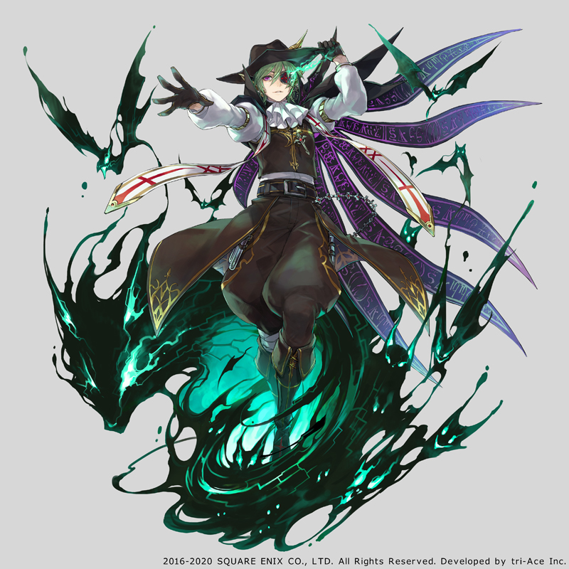 1boy armlet ascot baggy_pants belt bishounen black_cape black_gloves black_headwear boots cape copyright_notice creature ear_covers eyepatch faize_scheifa_beleth full_body gloves green_hair grey_background hagiya_kaoru half_gloves halloween_costume jewelry knee_boots left-handed looking_at_viewer magic male_focus necklace official_art outstretched_arm pants parted_lips pointy_ears purple_eyes shirt simple_background solo star_ocean star_ocean_anamnesis star_ocean_the_last_hope white_ascot white_shirt