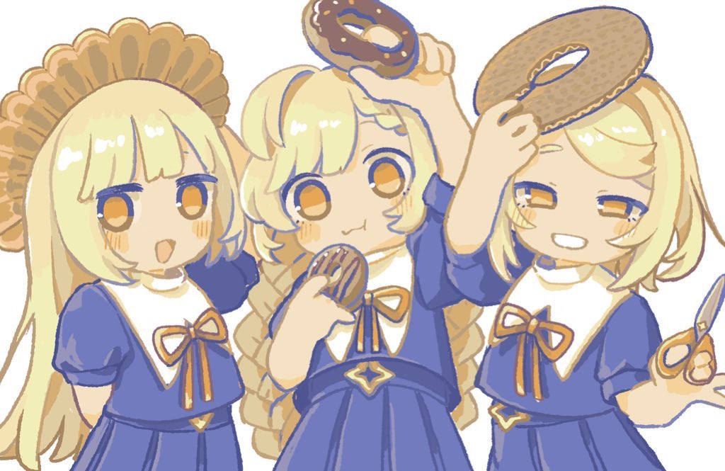 3girls :t arm_behind_head arm_up blonde_hair blue_skirt braid brown_ribbon cardboard cardboard_cutout chocolate_doughnut closed_mouth commentary_request doughnut eating food grin half-closed_eyes halo hand_up holding holding_doughnut holding_food holding_scissors long_hair looking_at_viewer multiple_girls neck_ribbon orange_eyes original piyoko9494 pleated_skirt puffy_short_sleeves puffy_sleeves ribbon scissors short_sleeves simple_background skirt smile twin_braids white_background