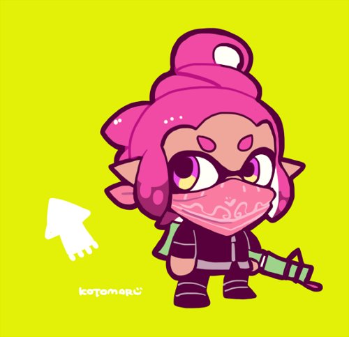 1girl bamboozler_14_(splatoon) bandana bandana_over_mouth black_jacket black_pants chibi chibi_only dark-skinned_female dark_skin full_body green_background holding holding_weapon inkling inkling_girl inkling_player_character jacket kotorai lowres pants pink_hair pointy_ears purple_eyes signature simple_background solo splatoon_(series) standing tentacle_hair weapon