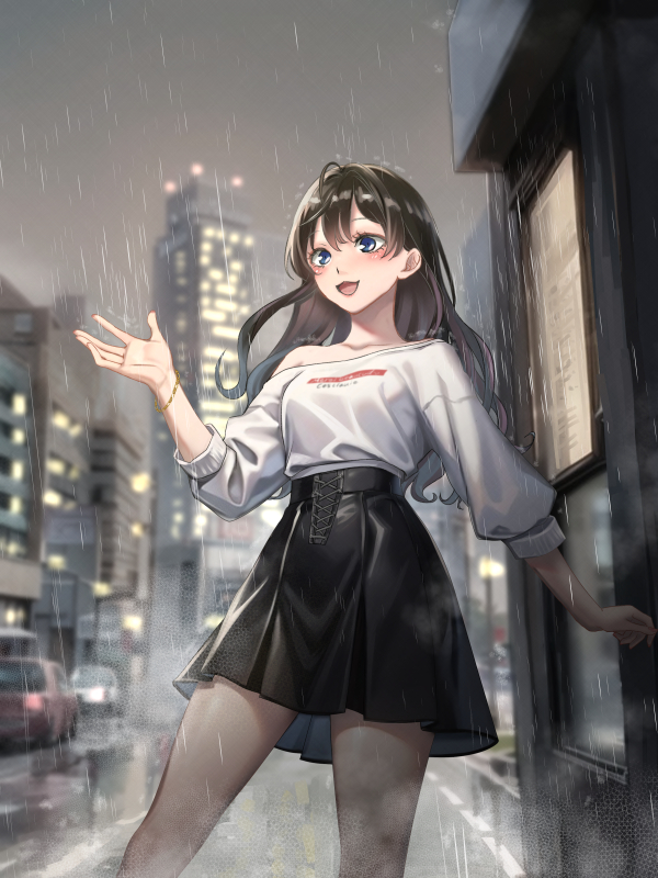 1girl ahoge black_hair black_skirt blue_eyes blush bracelet city high-waist_skirt ichinose_shiki idolmaster idolmaster_cinderella_girls idolmaster_cinderella_girls_starlight_stage jewelry long_hair looking_to_the_side night open_mouth outdoors rain single_bare_shoulder skirt sky smile solo sweater white_sweater ykcocoro_game