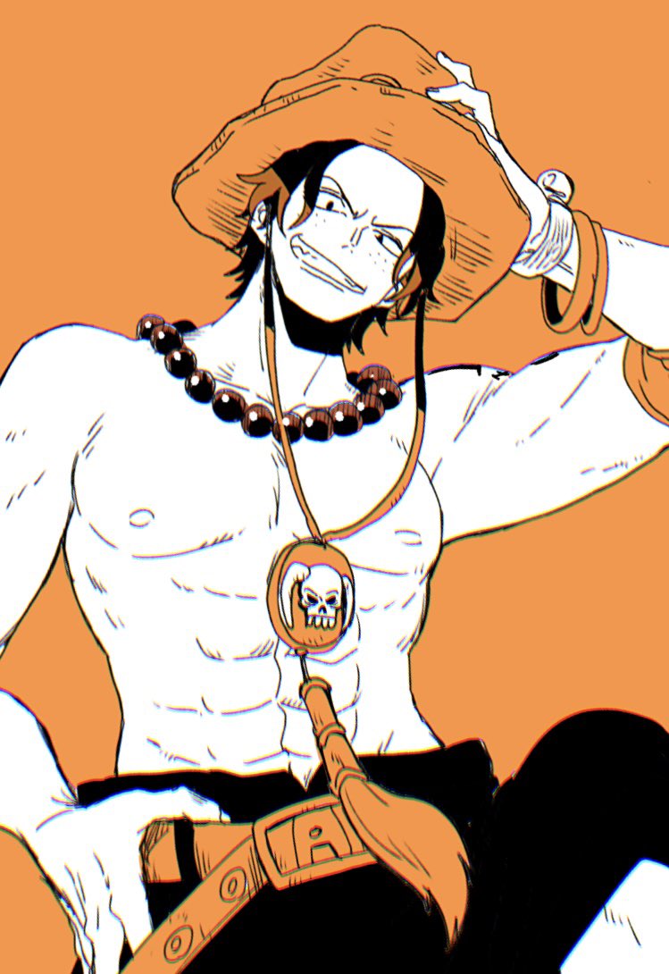 1boy arm_tattoo belt black_hair black_shorts bracelet cowboy_shot elbow_pads freckles hand_on_belt hand_on_headwear jewelry log_pose looking_down male_focus necklace one_piece orange_background orange_headwear portgas_d._ace short_hair shorts simple_background smile solo tanaka_(tanakya123) tattoo topless_male upper_body