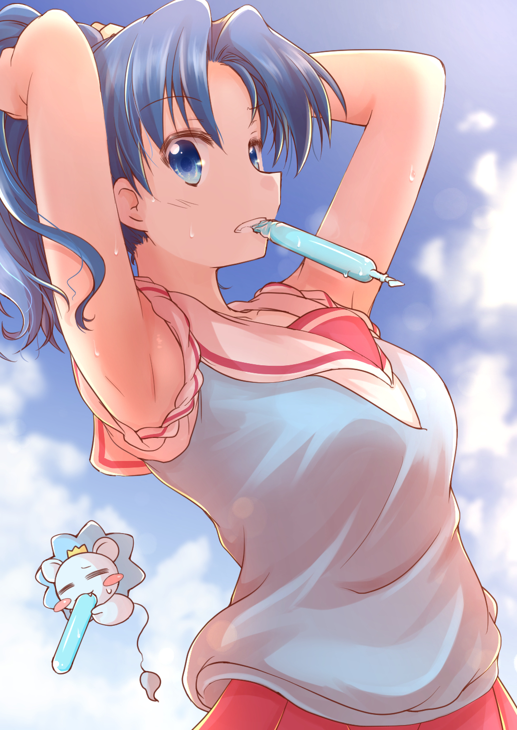 1girl armpits arms_up blue_eyes blue_hair blue_shirt blue_sky cloud cloudy_sky commentary day food food_in_mouth hands_in_hair highres kirakira_precure_a_la_mode lion looking_at_viewer medium_hair mouth_hold muusu outdoors pleated_skirt ponytail popsicle popsicle_in_mouth precure red_skirt shirt skirt sky sleeveless sleeveless_shirt sleeves_rolled_up solo standing sweat tategami_aoi