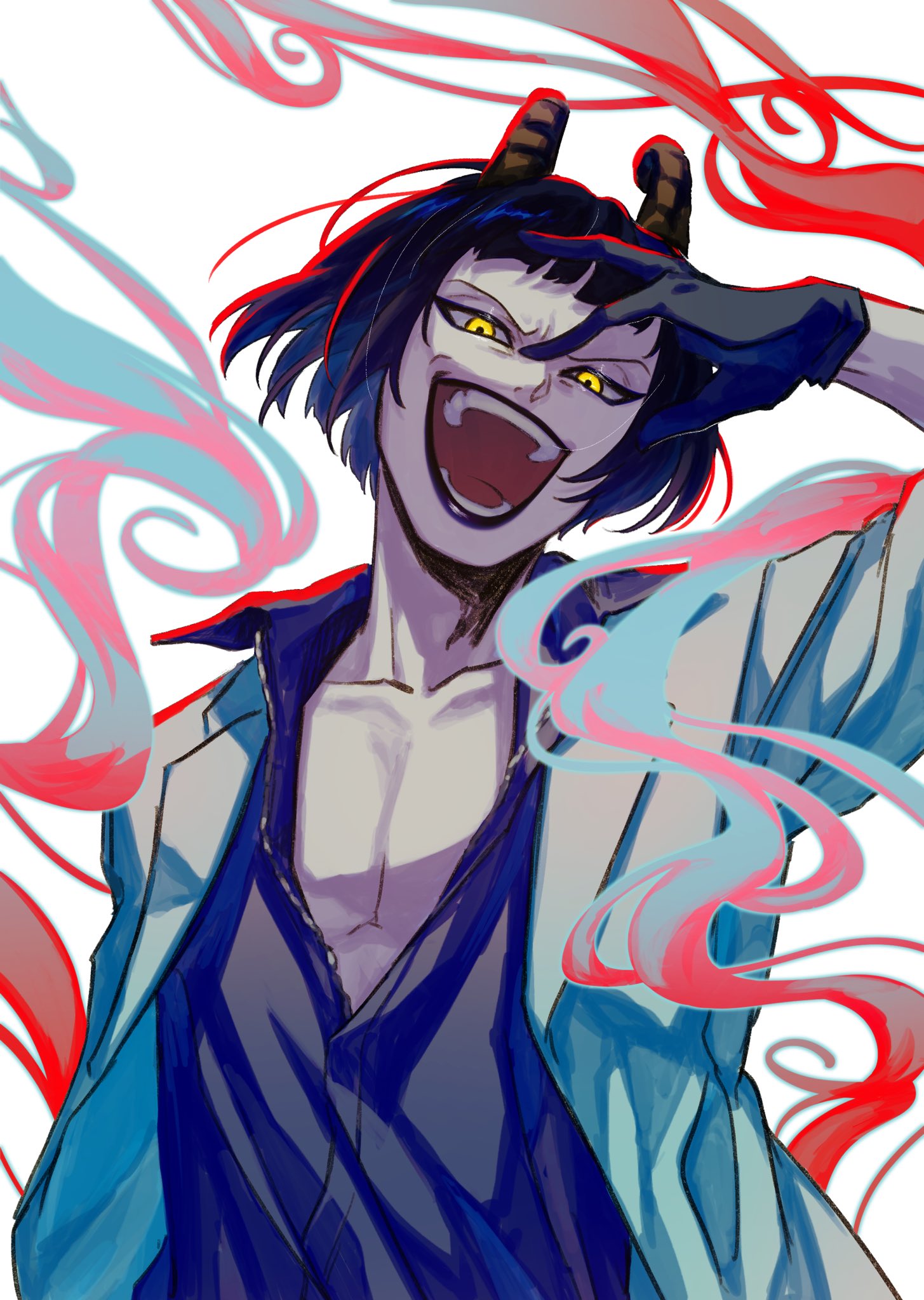 1boy black_gloves black_shirt blue_hair caesar_clown curled_horns evil_smile gas gloves hand_on_own_forehead highres horns lab_coat looking_at_viewer lvelaa_g makeup male_focus medium_hair one_piece open_clothes open_mouth shirt smile teeth upper_body white_background yellow_eyes