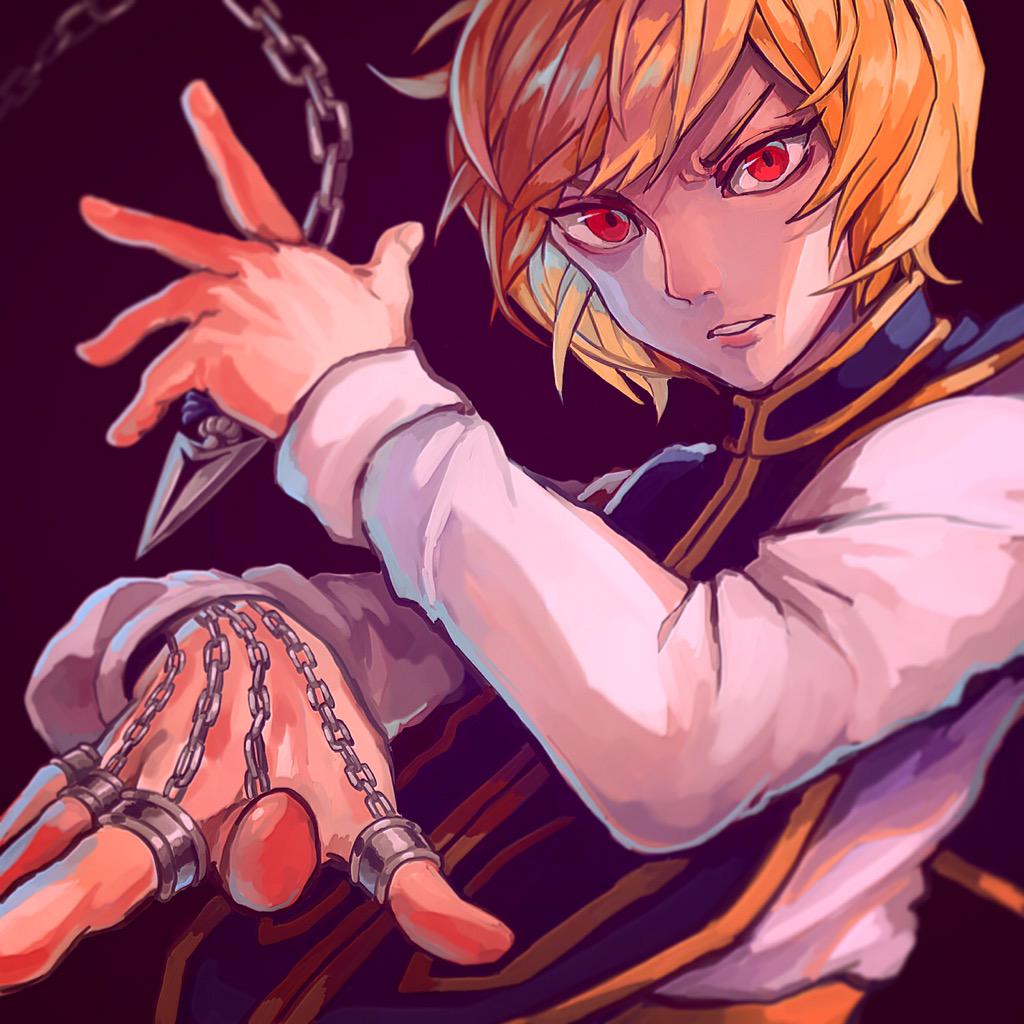 1boy aokamei blonde_hair blue_tabard chain eyelashes foreshortening hunter_x_hunter jewelry kurapika long_sleeves looking_at_viewer male_focus multiple_rings parted_lips red_eyes ring shirt short_hair solo tabard upper_body white_shirt