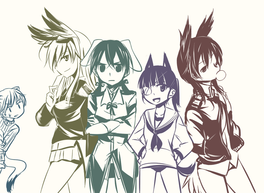 animal_ears brave_witches bubble_blowing chewing_gum crossed_arms dominica_s_gentile ds_(ndsl) gertrud_barkhorn hands_on_hips hanna-justina_marseille monochrome multiple_girls nikka_edvardine_katajainen one_eye_closed sakamoto_mio smile strike_witches tail world_witches_series