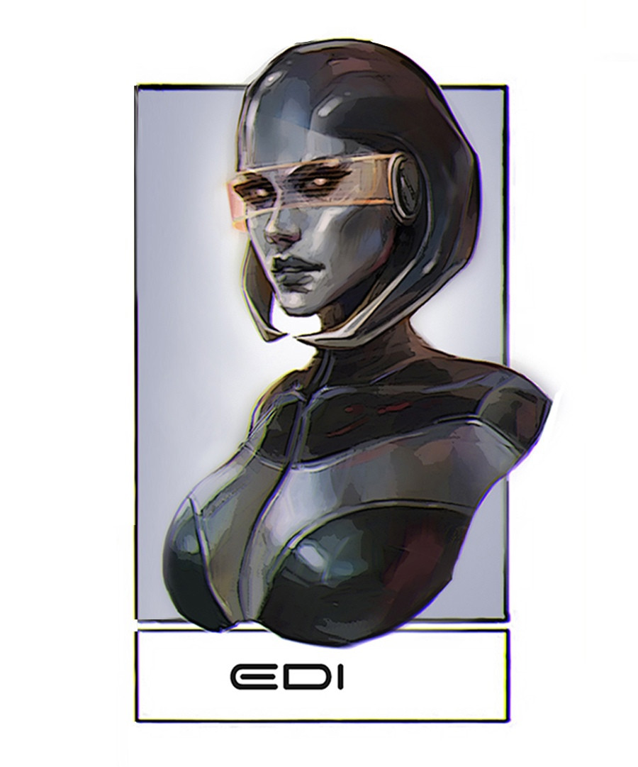 1girl android character_name edi_(mass_effect) english_commentary engrish_commentary eva_kosmos grey_lips hologram looking_at_viewer mass_effect_(series) mass_effect_3 metal_skin orange_eyes parted_lips portrait solo