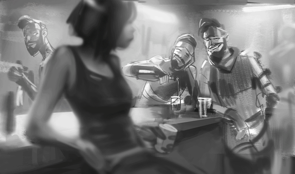 1girl 3boys animated animated_gif apex_legends bar_(place) beard black_eyes black_gloves black_hair black_tank_top bodysuit cup detached_sleeves elbow_gloves english_commentary facial_hair fingerless_gloves gloves goggles goggles_on_head hair_behind_ear hand_on_own_hip hethe_srodawa holding holding_cup indoors leaning_to_the_side looking_at_another making-of mirage_(apex_legends) multiple_boys official_art parted_lips short_hair sleeves_past_wrists smile tank_top tattoo_sleeve yellow_bodysuit