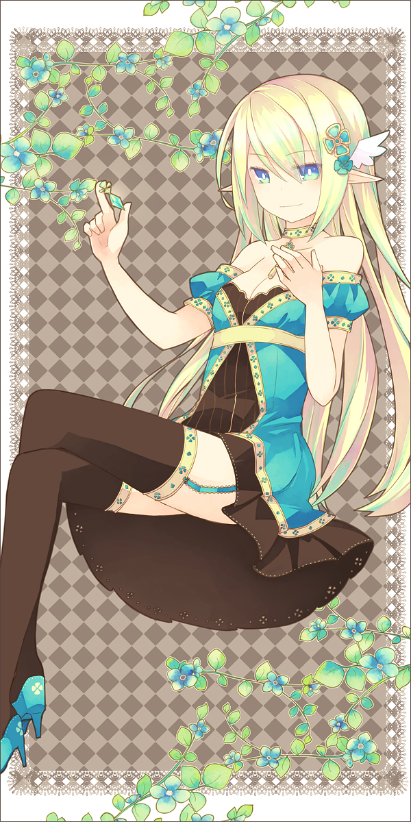 aqua_eyes aruya_(flosrota) bad_id bad_pixiv_id bare_shoulders belle_alcott black_legwear blonde_hair blue_eyes breasts checkered checkered_background choker cleavage crossed_legs dress flower garter_straps green_hair hair_ornament high_heels highres jewelry long_hair medium_breasts multicolored multicolored_eyes multicolored_hair pixiv_fantasia pixiv_fantasia_4 pointy_ears shoes sitting smirk solo thighhighs tsurime