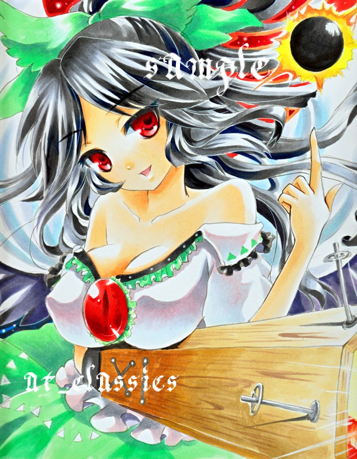 arm_cannon at_classics bare_shoulders black_hair bow breasts cleavage collarbone green_bow hair_bow large_breasts long_hair marker_(medium) red_eyes reiuji_utsuho sample solo touhou traditional_media weapon