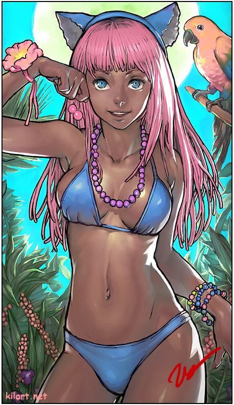 animal_ears aqua_eyes bad_id bad_pixiv_id beads bikini bird bracelet breasts cat_ears cleavage cowboy_shot dark_skin fake_animal_ears flower hairband jewelry kilart medium_breasts navel necklace original parrot pink_hair smile solo swimsuit