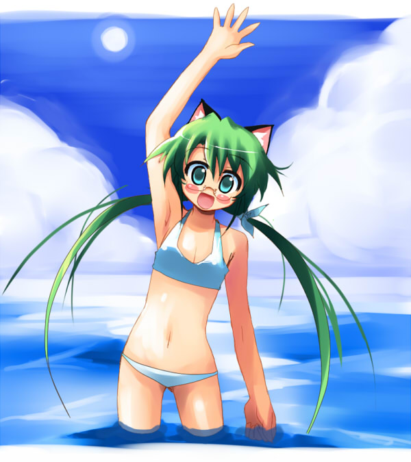 :d animal_ears arm_up armpits bikini blush_stickers cat_ears copyright_request day glasses green_hair long_hair navel open_mouth ribbon shin_(new) smile solo swimsuit twintails wading water waving