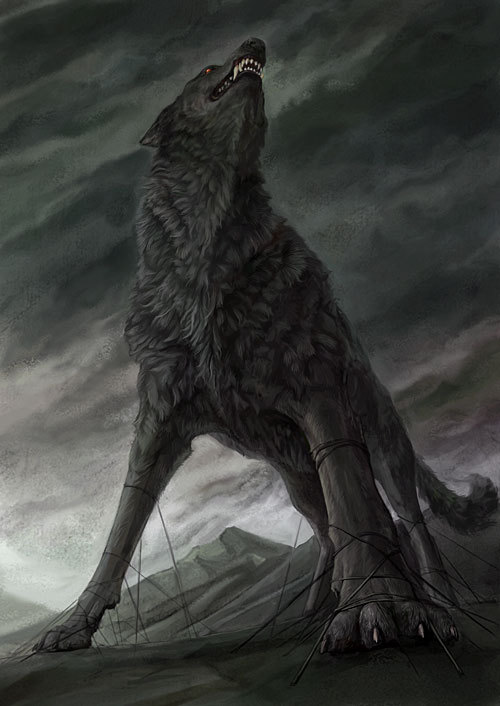 fangs fenrir_(mythology) giant gleipnir_(mythology) muted_color no_humans norse_mythology red_eyes solo tail wolf