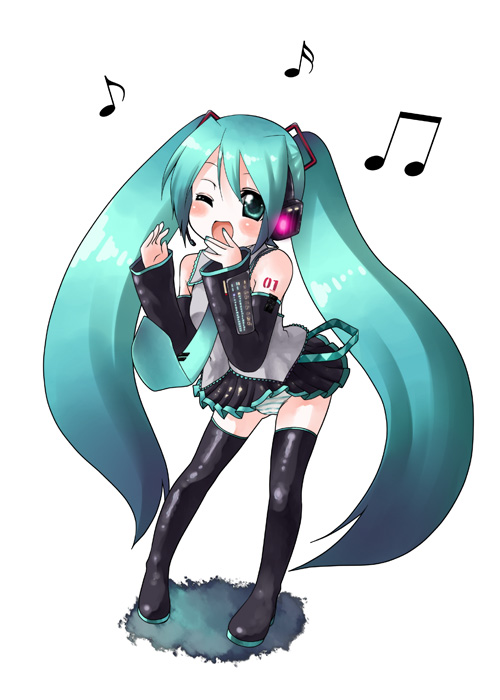 aqua_eyes aqua_hair detached_sleeves hatsune_miku headset kouji_(campus_life) long_hair musical_note necktie one_eye_closed panties pantyshot skirt solo striped striped_panties thighhighs twintails underwear vocaloid