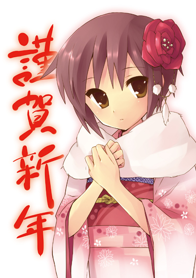 brown_eyes flower hijiki_(hijikini) japanese_clothes nagato_yuki new_year short_hair silver_hair solo suzumiya_haruhi_no_yuuutsu