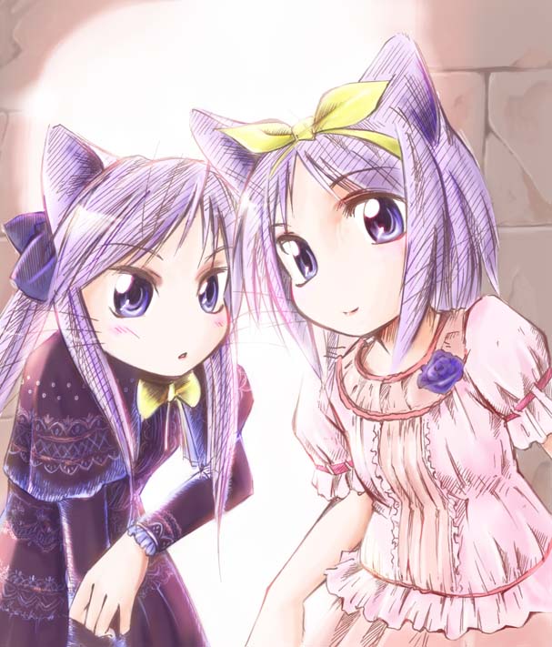 animal_ears cat_ears dress hair_ribbon hiiragi_kagami hiiragi_tsukasa jason_(kaiten_kussaku_kikou) lucky_star multiple_girls purple_eyes purple_hair ribbon siblings sisters twins