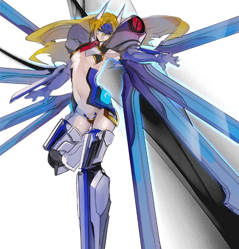 blazblue blonde_hair blue_eyes breasts crotch_plate ear_protection forehead_protector hyakuhachi_(over3) long_hair mecha_musume mechanical_wings mu-12 navel necktie outstretched_arm pauldrons revealing_clothes small_breasts solo underboob wings