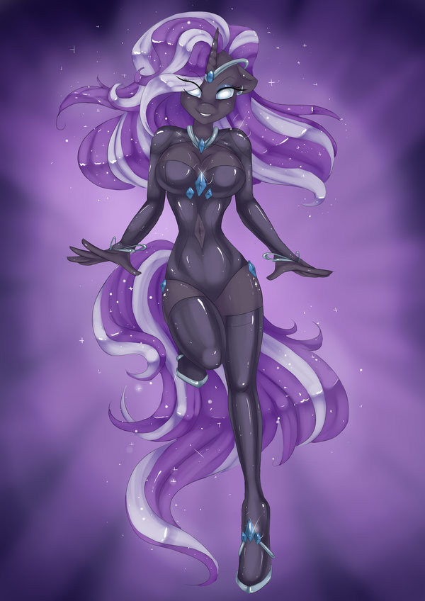 anthro anthrofied aparkles breasts cleavage clothed clothing cool_colors corset cutie_mark diamond equine female friendship_is_magic glowing glowing_eyes hair horn horse legwear looking_at_viewer mammal misukitty my_little_pony necklace nightmare_rarity_(mlp) pony purple_hair purple_theme rarity_(mlp) rubber shoes sparkles standing stockings two_tone_hair unicorn white_eyes white_hair