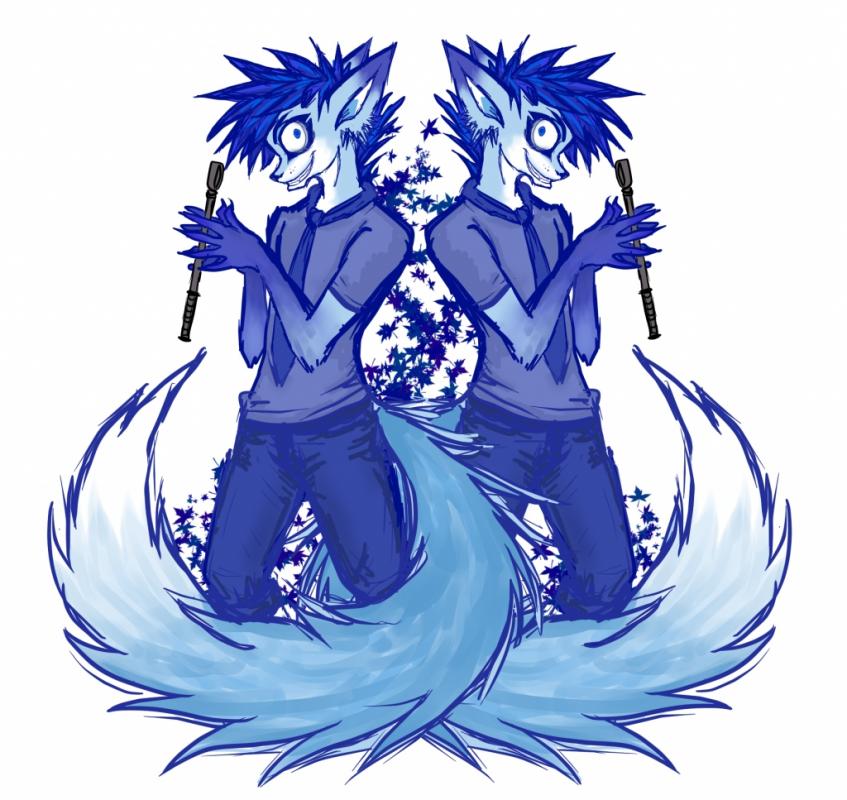 blue_and_white blue_eyes blue_fur blue_hair canine clothed clothing cornflower crop duo fox fur hair jeans mammal necktie plain_background riding smile white_background