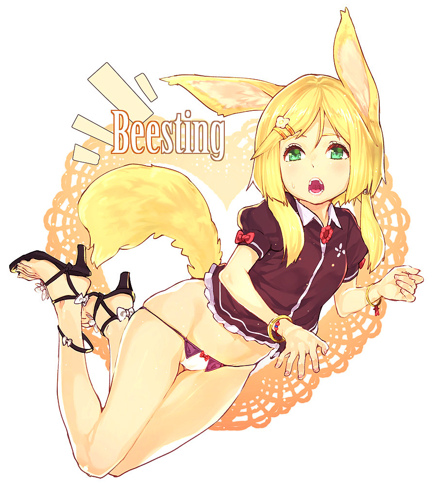 animal_ears bad_id bad_pixiv_id bare_legs blonde_hair bow bow_panties feet fox_ears fox_tail green_eyes high_heels looking_at_viewer open_mouth open_toe_shoes original panties sandals shoes short_sleeves solo subachi tail toes underwear