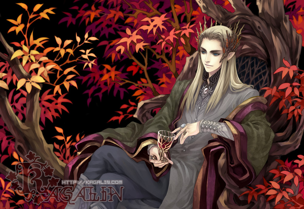 alcohol artist_name blonde_hair blue_eyes crown cup elf jewelry kagalin long_hair male_focus pointy_ears ring signature solo the_hobbit thranduil tree watermark web_address wine