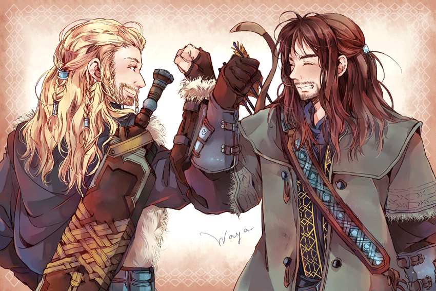 2boys armor beard blonde_hair bracer bracers brothers duo dwarf facial_hair fili kili_(the_hobbit) male male_focus middle_earth multiple_boys sheath siblings sichol-bell smile sword the_hobbit waya weapon