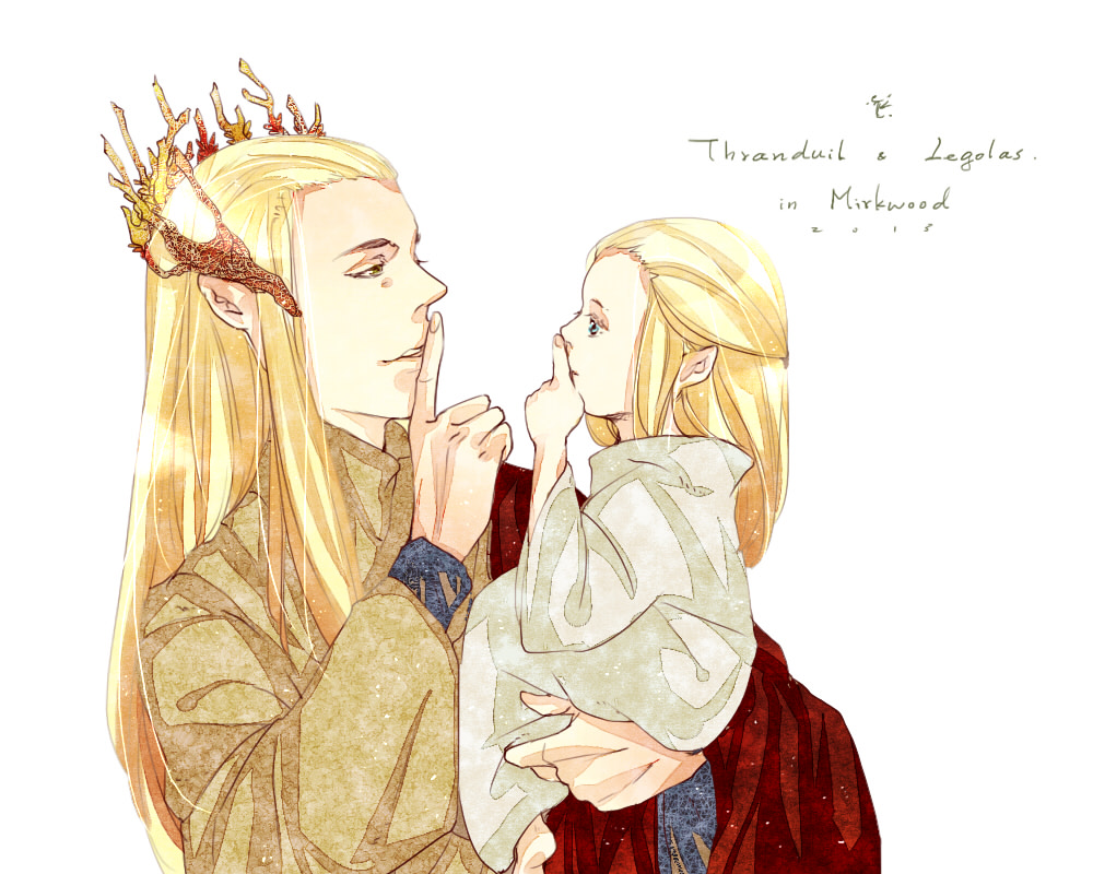 2boys blonde_hair elf family father father_and_son king legolas lord_of_the_rings male male_focus middle_earth multiple_boys pointy_ears prince son thranduil young younger