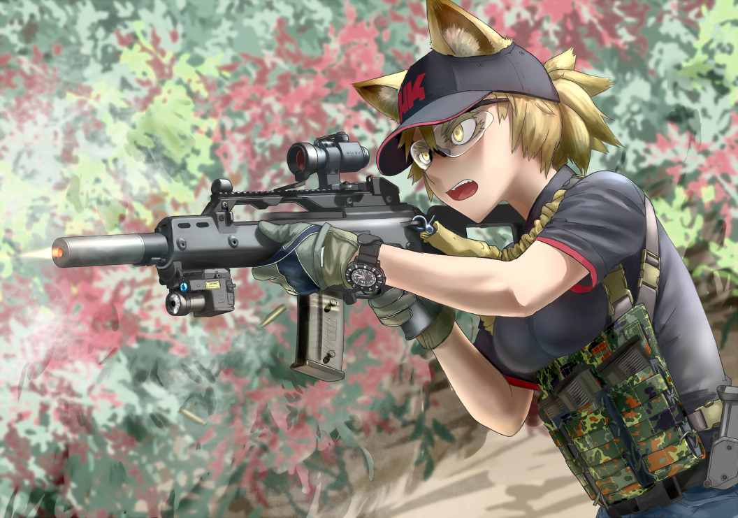 aiming animal_ears assault_rifle blonde_hair casing_ejection didloaded firing flecktarn g36c glasses gloves gun hat load_bearing_vest magazine_(weapon) military military_operator open_mouth original ponytail rifle safety_glasses scope shell_casing shooting_glasses short_hair sling solo suppressor watch weapon yellow_eyes