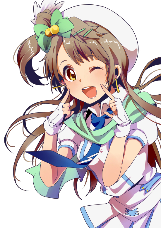 1girl brown_hair hat long_hair looking_at_viewer love_live!_school_idol_project masaki_(celesta) masaki_(clesta) minami_kotori open_mouth smile solo white_background wink yellow_eyes