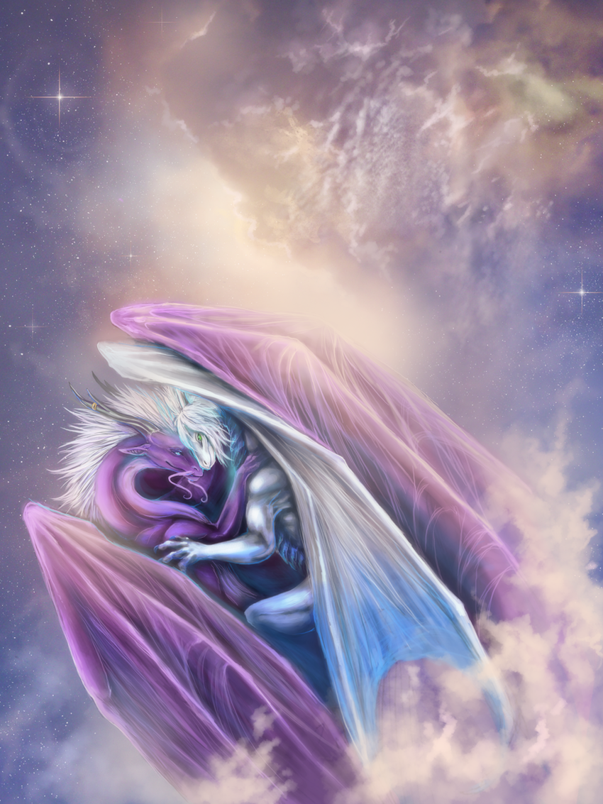 cloud clouds couple cuddling cute dragon duo embrace eye_contact flying hair holding horn horn_ring hug kumagoro leilryu love male purple_dragon ring romantic scales scalie sephirothiel sky space stars tender western_dragon whiskers white_dragon wings