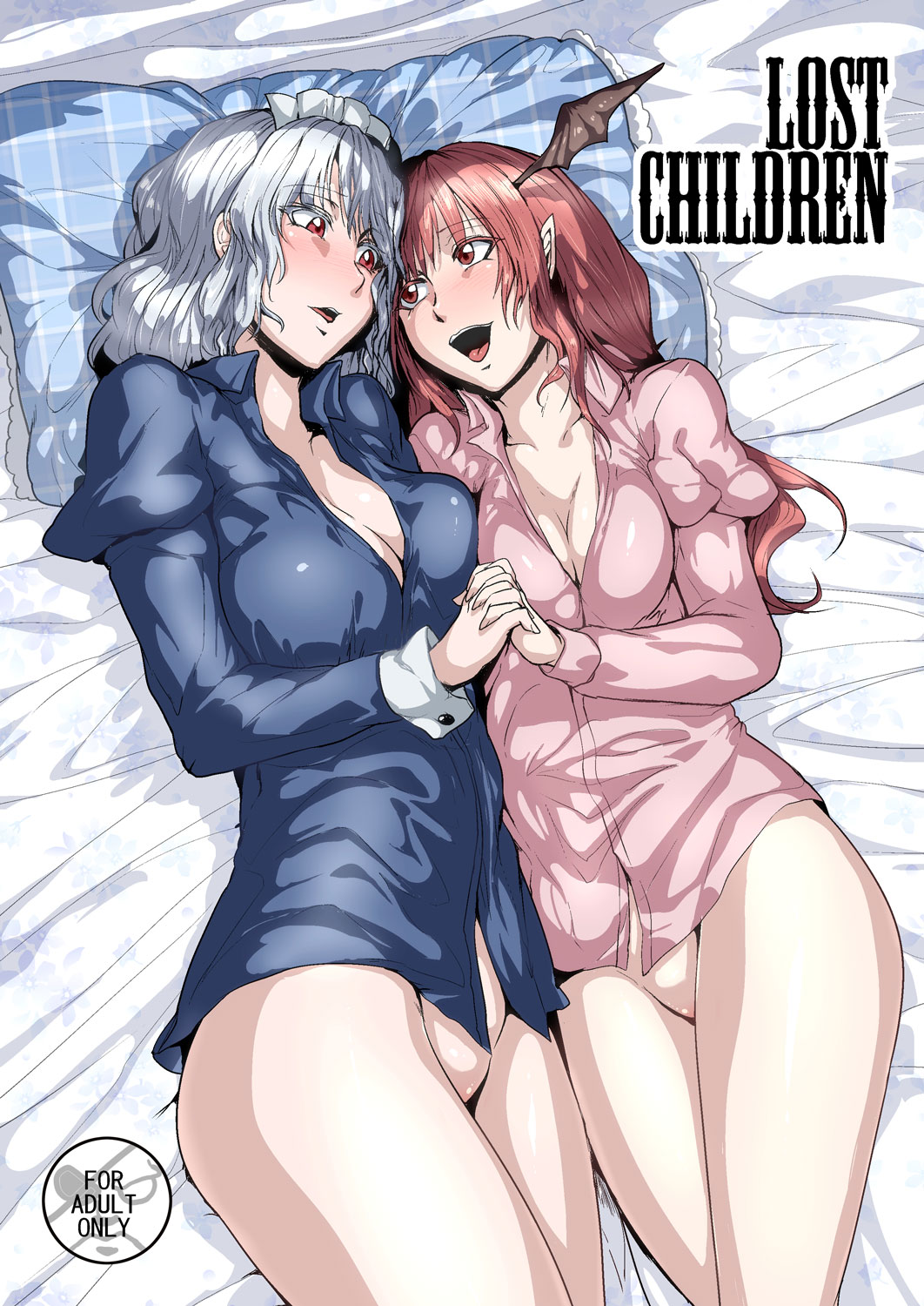 bat_wings bottomless breasts cleavage collarbone cover cover_page dress_shirt eye_contact head_wings highres holding_hands interlocked_fingers izayoi_sakuya juliet_sleeves koakuma large_breasts long_sleeves looking_at_another lying maid_headdress multiple_girls naked_shirt on_back open_mouth pillow pointy_ears puffy_sleeves red_eyes red_hair sagattoru shirt silver_hair touhou wings yuri