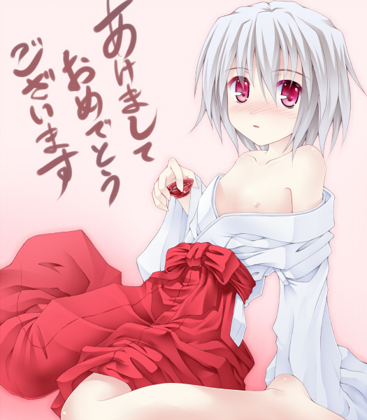 alcohol bad_id bad_pixiv_id bare_shoulders cup flat_chest hakama japanese_clothes maou_mikage miko open_clothes pink_background red_eyes red_hakama sakazuki sake tsukishiro_hikari white_hair wind_a_breath_of_heart