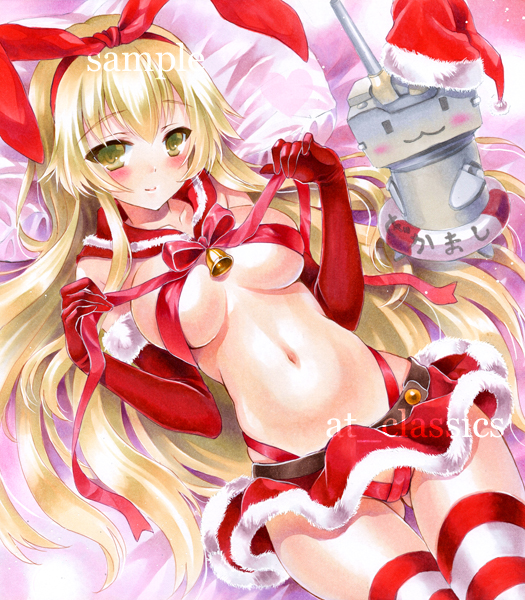at_classics bell blonde_hair blush breasts elbow_gloves gloves green_eyes hairband kantai_collection large_breasts long_hair looking_at_viewer marker_(medium) navel panties red_gloves rensouhou-chan revealing_clothes ribbon sample shimakaze_(kantai_collection) skirt smile solo striped striped_legwear thighhighs traditional_media underwear