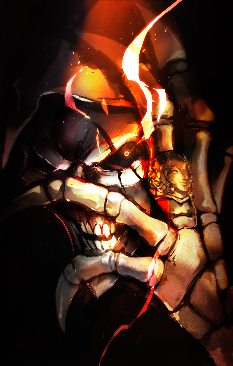 1boy ainz_ooal_gown black_sclera burning_eye hand_over_face hood hood_up horocca horror_(theme) jewelry lich looking_at_viewer overlord_(maruyama) portrait ring sanpaku skeleton solo
